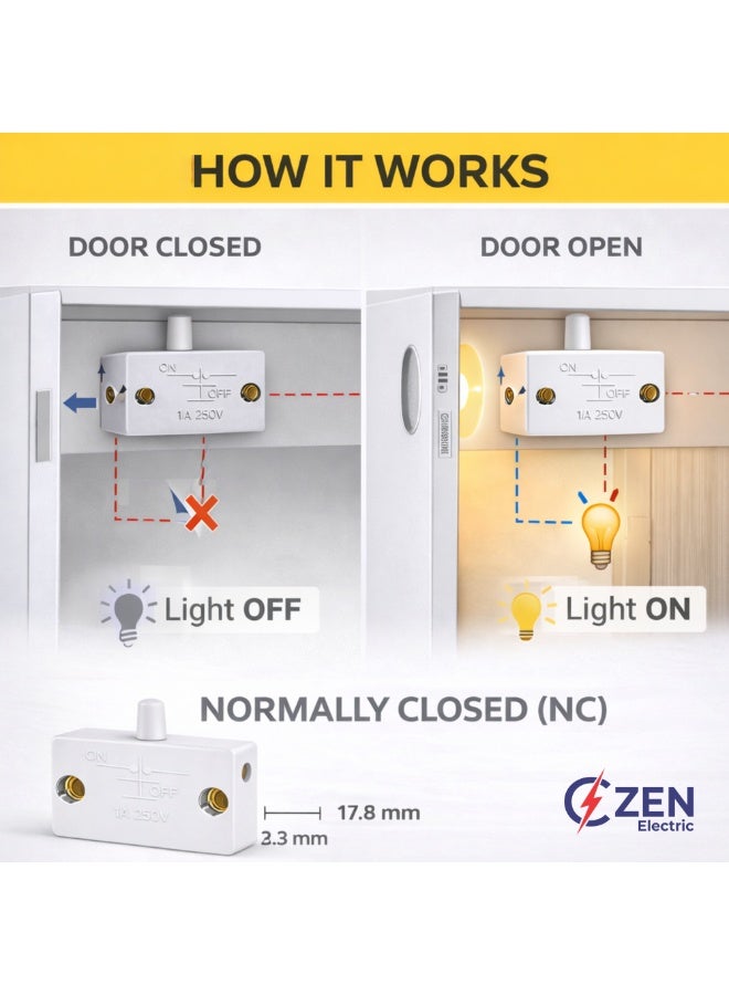 CZEN ELECTRIC White Cabinet Door Push Button Switch (NC), 1A 250V Normally Closed Inline Switch, Wardrobe & Furniture Light Control, Compact Door Switch (Pack of 4) - Image 3