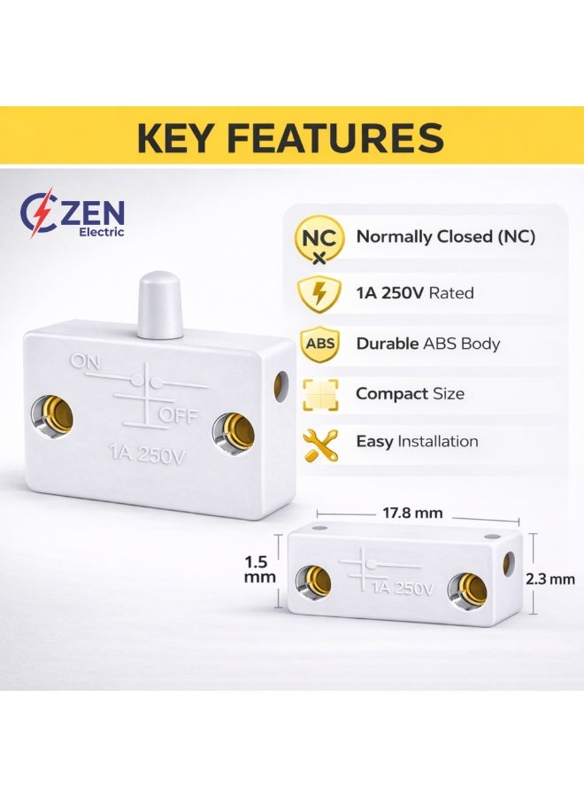 CZEN ELECTRIC White Cabinet Door Push Button Switch (NC), 1A 250V Normally Closed Inline Switch, Wardrobe & Furniture Light Control, Compact Door Switch (Pack of 4) - Image 2