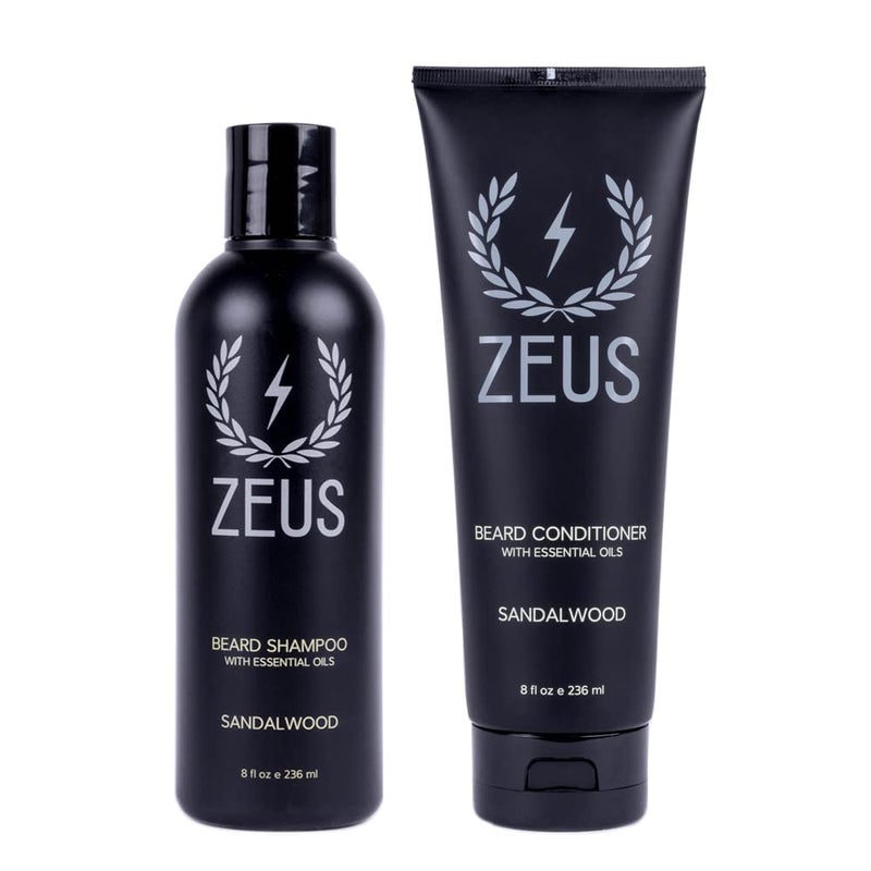 ZEUS Beard Wash Set for Men, Shampoo & Conditioner Duo with Green Tea & Essential Oils, Hydrates, Softens & Strengthens Beard Hair (Made in USA) Sandalwood - Image 1
