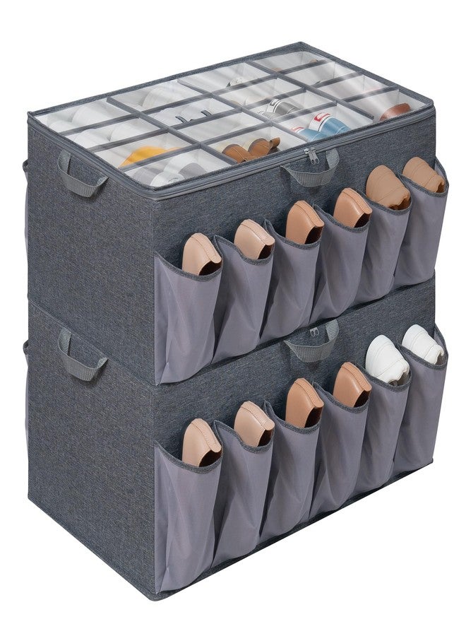 STORAGEIDEAS Extra Large Shoe Organizer for Closet, Fits up to 28 Pairs, Fabric Shoe Box Storage Containers with Adjustable Dividers and Clear Cover, Grey, 2 Pack - Image 1
