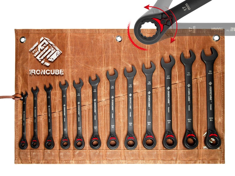 ironcube Reversible Ratcheting Wrench Set 12Piece Metric 819mm Tough Black Wax Canvas Storage Bag Automotive and Motorcycle Repair Tools