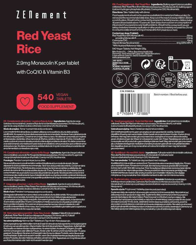 Zenement Red Yeast Rice 540 Vegan Tablets Provides 29mg Monacolin K Enriched with Coenzyme Q10 and Vitamin B3 Citrinin Free Zenement - Image 4