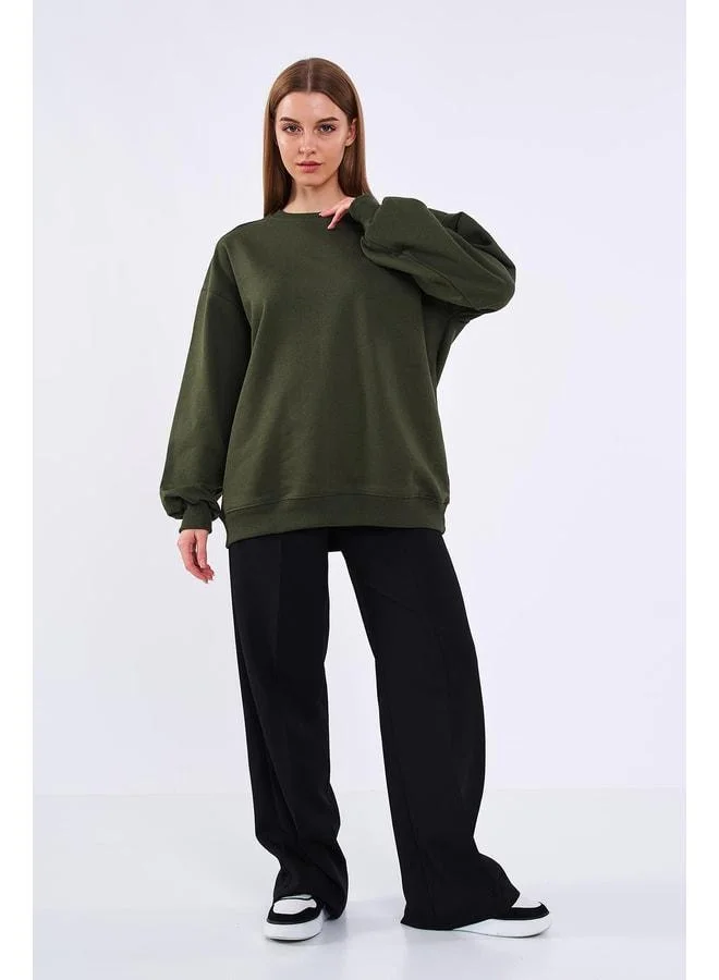Mmetalic Khaki Women's Cotton Oversized Basic Crew Neck Sweatshirt.