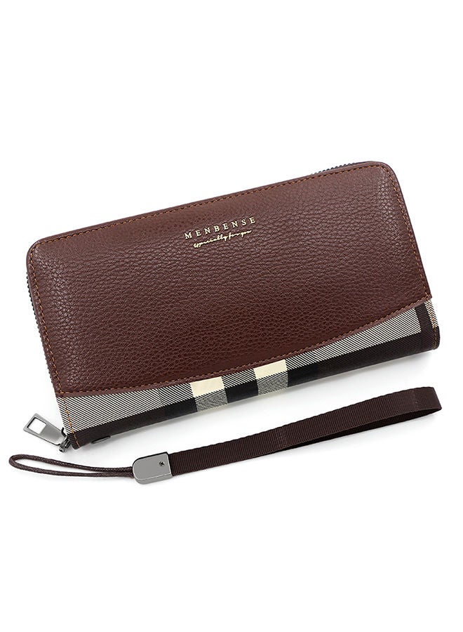 MenBense Fashion Checkered Stitching Men's Long Wallet Large Capacity Clutch Bag with Strap - Image 1