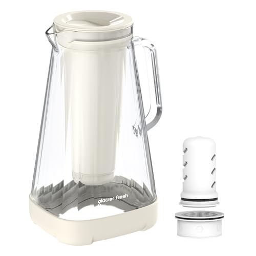 GLACIER FRESH 10 كوب Purela إبريق ماء زجاجي نقي مع 1 غشاء الترشيح الفائق وكربون نشط، يقلل 99% من الكلور، PFOA & PFOS، الكوليفورم، أبيض - Image 1