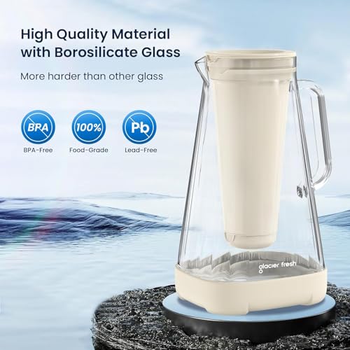 GLACIER FRESH 10 كوب Purela إبريق ماء زجاجي نقي مع 1 غشاء الترشيح الفائق وكربون نشط، يقلل 99% من الكلور، PFOA & PFOS، الكوليفورم، أبيض - Image 3