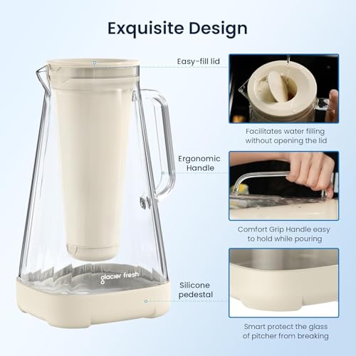 GLACIER FRESH 10 كوب Purela إبريق ماء زجاجي نقي مع 1 غشاء الترشيح الفائق وكربون نشط، يقلل 99% من الكلور، PFOA & PFOS، الكوليفورم، أبيض - Image 4