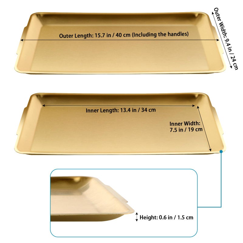 Sanbege Large Stainless Steel Serving Platter, 15.7" Rectangle Camping Plate, Vanity Organizer Tray for BBQ, Party, Buffet, Appetizer, Bathroom Supplies (Brushed Gold) - Image 2