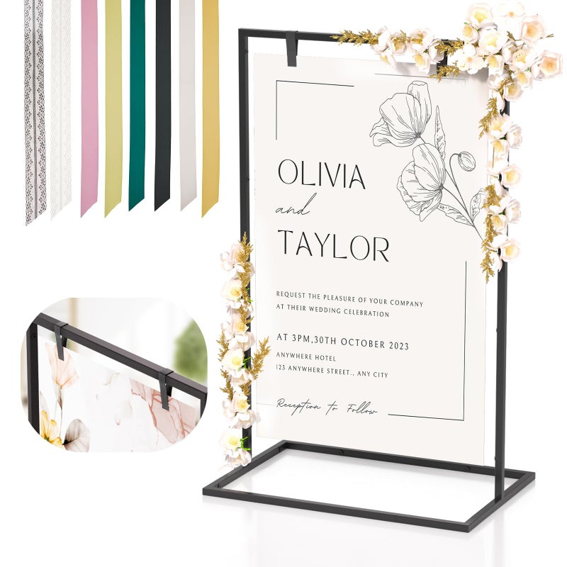 Cathyeen Wedding Welcome Sign Stand 50x30x 20 Heavy Duty Easel Stand for Sign with 8 Pair Satin Ribbon  2 Leather Strap Welcome to Our Wedding Sign Holder Metal Floor Standing Easels for Signs Poster Black