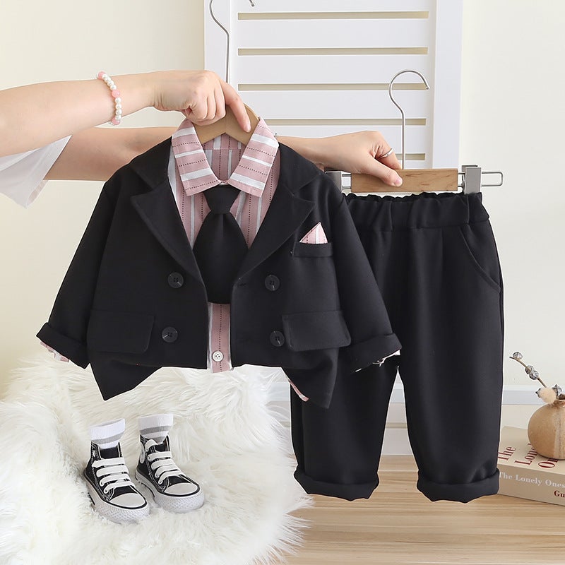 Boys and girls three-piece dress flower girls small suit suit British style one-year-old suit childrens host costume black 