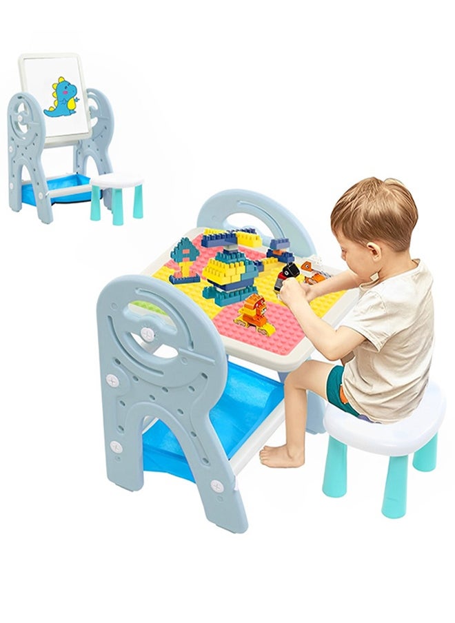 Kids Activity Table With Stool,2-In-1 Building Block Table Art Easel,Adjustable Standing Arts Crafts Table,Building Block Table,Educational Assembling Toys,Girl Boy Study Drawing Table And Chairs