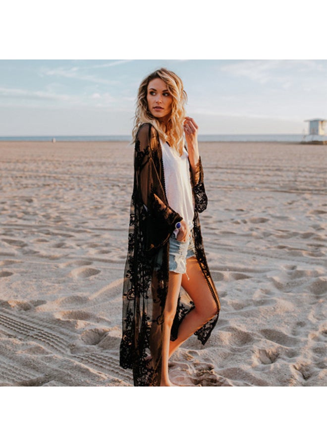 Long Blouse European And American Women's Spring And Summer Embroidery Solid Color Embroidery Loose Bikini Beach Hair Sunscreen Clothing