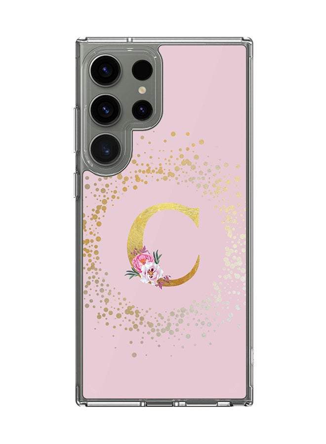Stylizedd حافظة شفافة كلاسيكية لهاتف سامسونج جالاكسي S24 ألترا، غلاف هجين شفاف ناعم مخصص بنمط زهور وحرف أولي - C (وردي) - Image 1