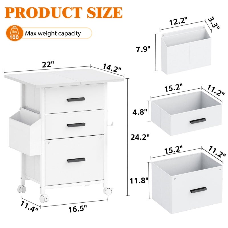 Mexin 3 Drawer File Cabinet with 24'' Extended Desktop, Mobile Filing Cabinet, Printer Stand, Rolling Printer Stand with Side Bag, Fabric Drawer, Fits A4 Size, Home Office, White - Image 2