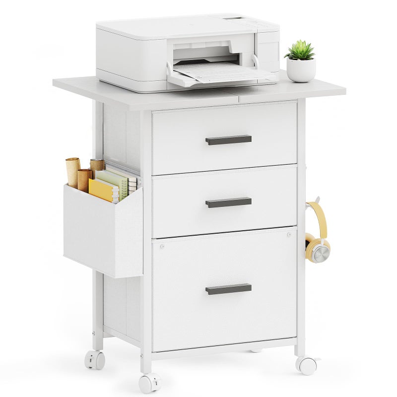 Mexin 3 Drawer File Cabinet with 24'' Extended Desktop, Mobile Filing Cabinet, Printer Stand, Rolling Printer Stand with Side Bag, Fabric Drawer, Fits A4 Size, Home Office, White - Image 1