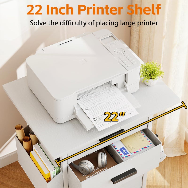 Mexin 3 Drawer File Cabinet with 24'' Extended Desktop, Mobile Filing Cabinet, Printer Stand, Rolling Printer Stand with Side Bag, Fabric Drawer, Fits A4 Size, Home Office, White - Image 3