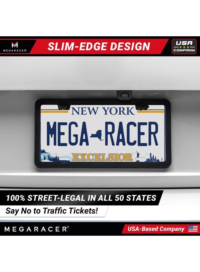 Mega Racer ® Thin Matte Black License Plate Frame Metal | Compatible with BMW Tesla Mercedes Porsche Audi Lexus | Car Licence Plate Holder | Porta Placas para Auto All Car Tag Frame Screw Cap | 1 Pack - Image 4
