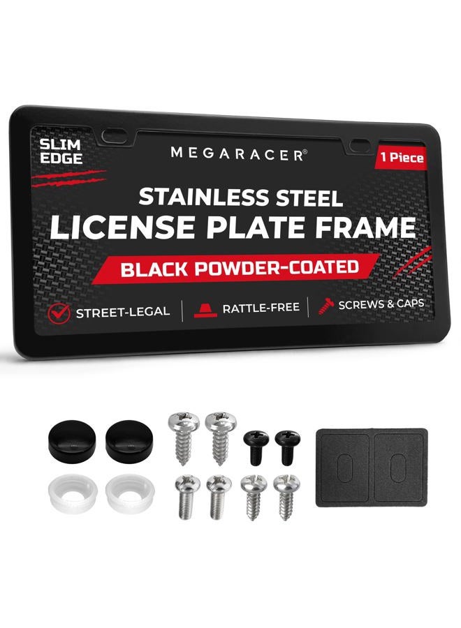 Mega Racer ® Thin Matte Black License Plate Frame Metal | Compatible with BMW Tesla Mercedes Porsche Audi Lexus | Car Licence Plate Holder | Porta Placas para Auto All Car Tag Frame Screw Cap | 1 Pack - Image 1