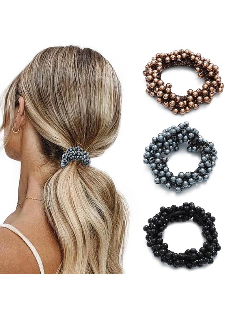 Brinie - Brinie Hair Ties Champagne Elastic Hair Scrunchies Pearl Hair Bands Bead Hair Ropes Hair Accessories for Women and Girls Pack of 3 set3 - Image 1