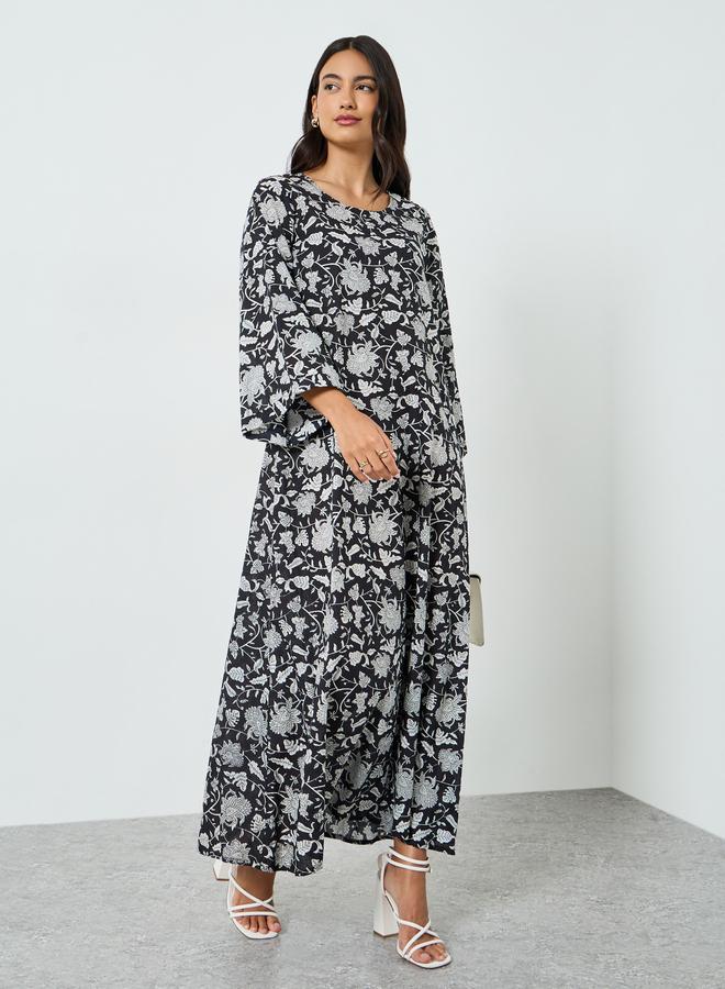 Amirah Black Floral Print A-Line Jalabiya - Image 4