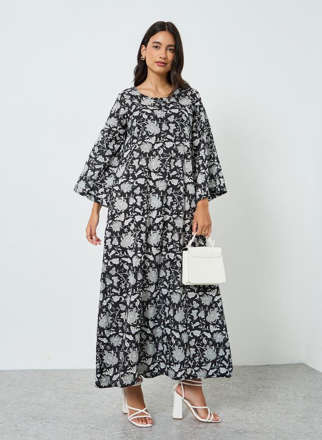 Amirah Black Floral Print A-Line Jalabiya - Image 1