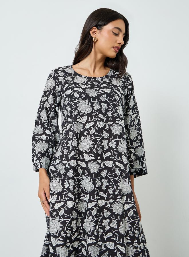 Amirah Black Floral Print A-Line Jalabiya - Image 3