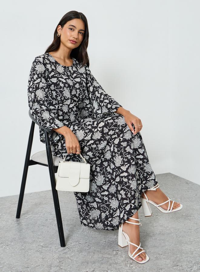 Amirah Black Floral Print A-Line Jalabiya - Image 2