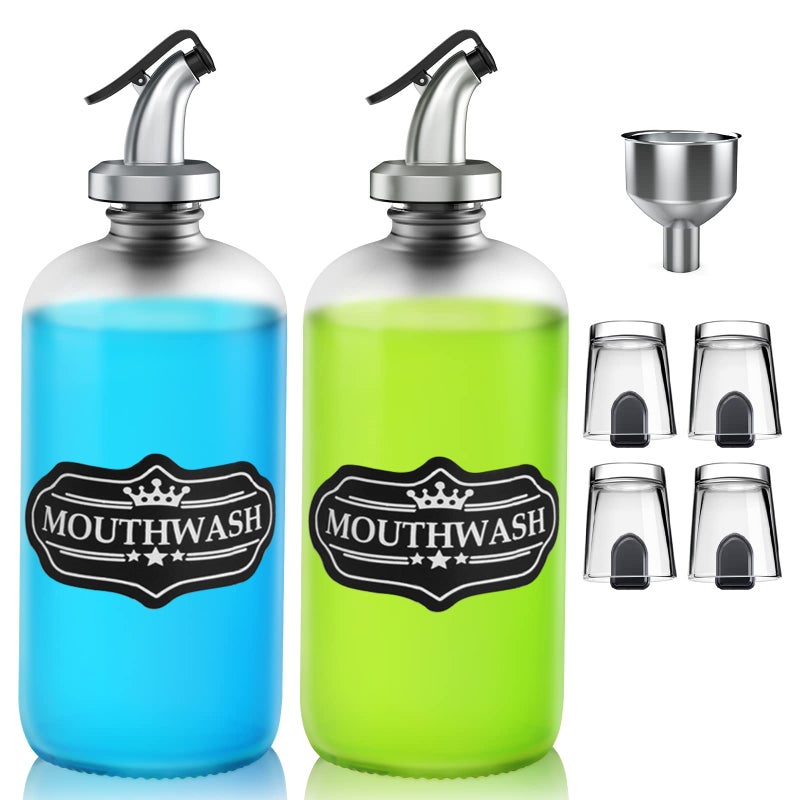 BYAWAY BYAWAY Mouthwash Dispenser for Bathroom4 Reusable Mouthwash Cups with 4 Cup Holders2 Frosted Glass Bottles with Pour SpoutsFunnel and LabelsRefillable Mouthwash Container
