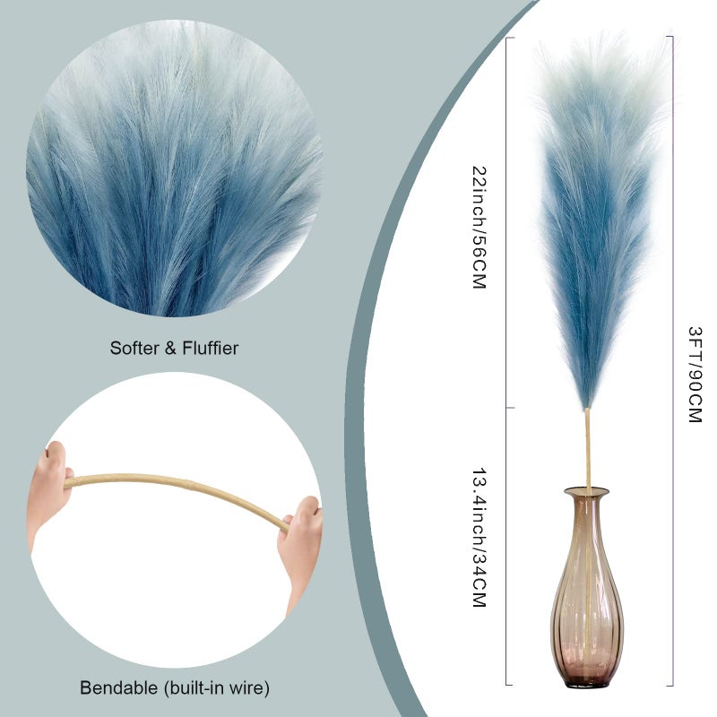 KALYLOC 8Pcs 35.4â€ Blue Colorful Faux Pampas Grass, Fluffy Artificial Bulrush Branches Boho Decor, Filler Tall Pampas Grass Reed Fluffy Stems for Living Room Wedding Decoration - Image 2