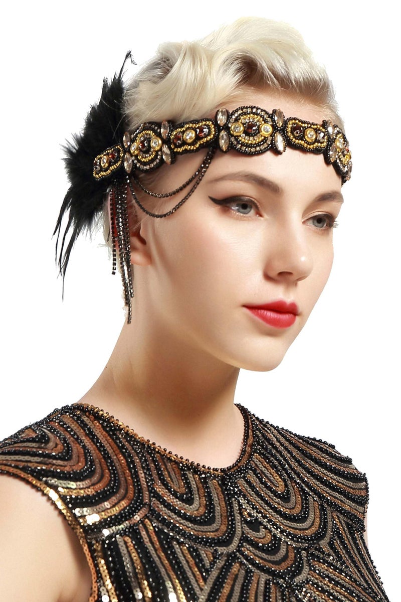 BABEYOND 1920s Flapper Headband Roaring 20s Gatsby Headpiece Black Feather Headband 1920s Flapper Hair Accessories Gold