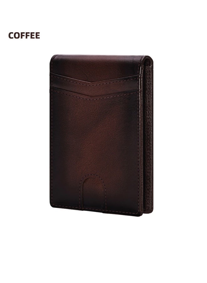 banyanu Men's Leather Wallet, Men's Style, Multiple Card Slots, RFID, Dollar Clip, Cowhide ID Money, Coffee - Image 1