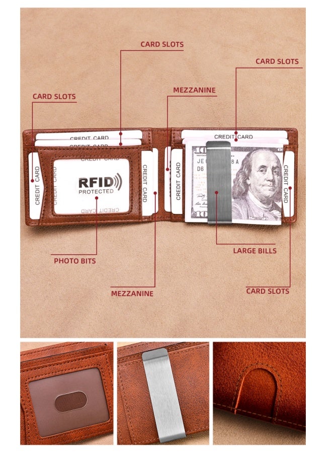 banyanu Men's Leather Wallet, Men's Style, Multiple Card Slots, RFID, Dollar Clip, Cowhide ID Money, Coffee - Image 4