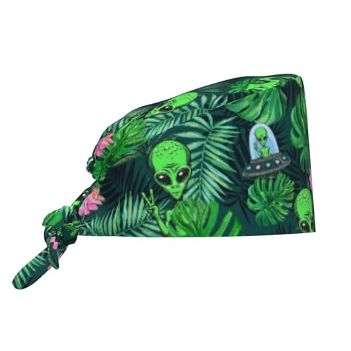 FDNUPIAN Alien Palm Leaf Flower Spaceship Adjustable Working Cap Breathable Unisex Women Men Elastic Bandage Tie Back Hats Scrub Nursing Doctor Surgeon Cap - Image 1