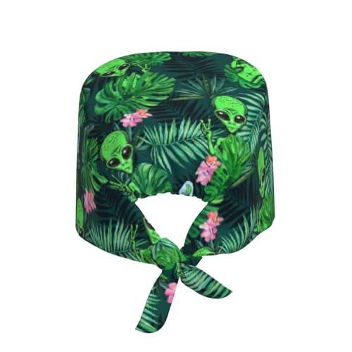 FDNUPIAN Alien Palm Leaf Flower Spaceship Adjustable Working Cap Breathable Unisex Women Men Elastic Bandage Tie Back Hats Scrub Nursing Doctor Surgeon Cap - Image 3