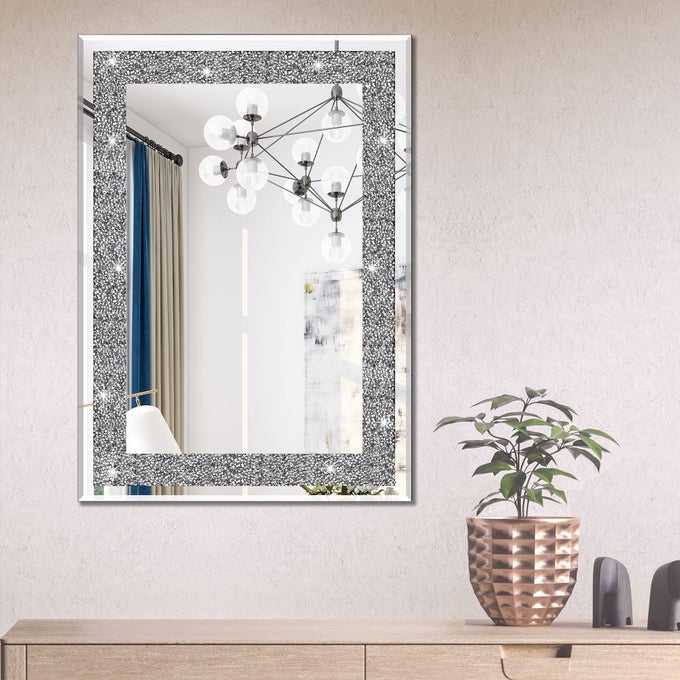 WALL MIRROR RECTANGULAR CRYSTAL CRUSH DIAMOND MIRROR FOR HOME DECORATION ACCENT MIRROR FOR BATHROOM ENTRYWAY AND BEDROOM 20 X 28