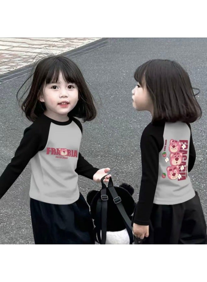 Girls Spring And Autum Pure Cotton Long-sleeved T-shirt New Medium And Large Children's Round Neck Color Matching Sweet And Cute Bottoming Shirt - Image 1