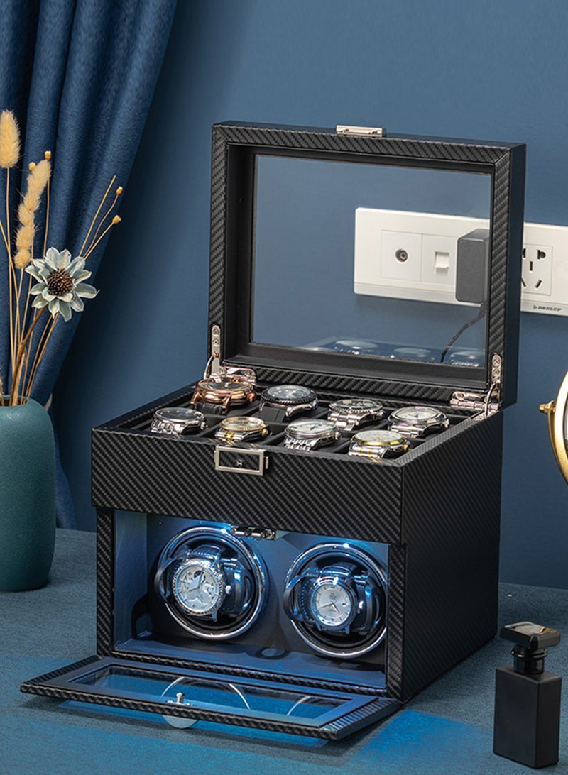 هومار كيت ملفاف ساعة أوتوماتيكي مزدوج - صندوق لفاف الساعة مع فتحة تخزين 8 ساعات، محرك ياباني هادئ، ضوء LED، وسائد ساعة قابلة للتعديل، محول تيار متردد - أسود - Image 1