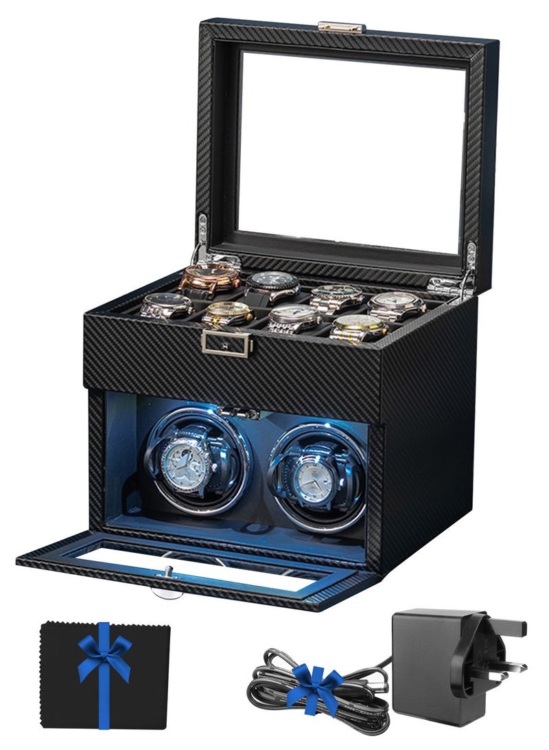 هومار كيت ملفاف ساعة أوتوماتيكي مزدوج - صندوق لفاف الساعة مع فتحة تخزين 8 ساعات، محرك ياباني هادئ، ضوء LED، وسائد ساعة قابلة للتعديل، محول تيار متردد - أسود - Image 2