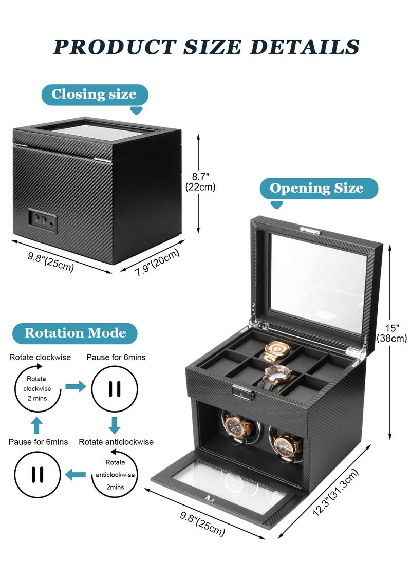 هومار كيت ملفاف ساعة أوتوماتيكي مزدوج - صندوق لفاف الساعة مع فتحة تخزين 8 ساعات، محرك ياباني هادئ، ضوء LED، وسائد ساعة قابلة للتعديل، محول تيار متردد - أسود - Image 3