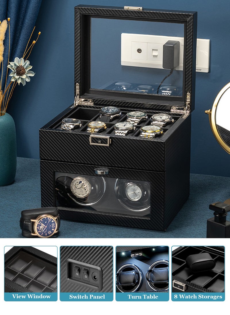 هومار كيت ملفاف ساعة أوتوماتيكي مزدوج - صندوق لفاف الساعة مع فتحة تخزين 8 ساعات، محرك ياباني هادئ، ضوء LED، وسائد ساعة قابلة للتعديل، محول تيار متردد - أسود - Image 4