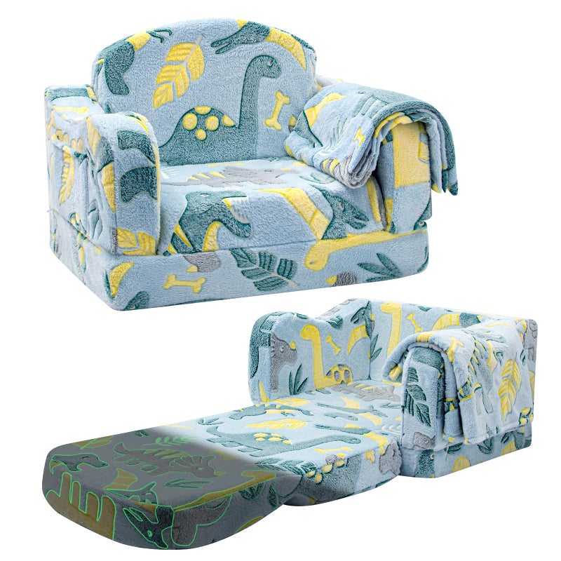 Airpanda Comfy Toddler Chair and Couch for Kids with Blanket2in1 Soft Plush Fold Out Toddler Couch for Girls and BoysConvertible Sofa to Lounger for PlayroomGlowing Dinosaur