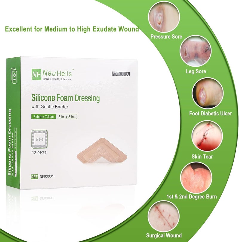 NeuHeils Silicone Adhesive Foam Dressing with Gentle Border 3x3 for Bed Sore 10 Packs High Absorbency Waterproof Silicone Wound Bandage for Foot Diabetic Ulcer - Image 2