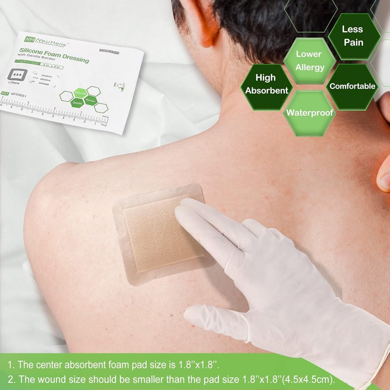 NeuHeils Silicone Adhesive Foam Dressing with Gentle Border 3x3 for Bed Sore 10 Packs High Absorbency Waterproof Silicone Wound Bandage for Foot Diabetic Ulcer - Image 4
