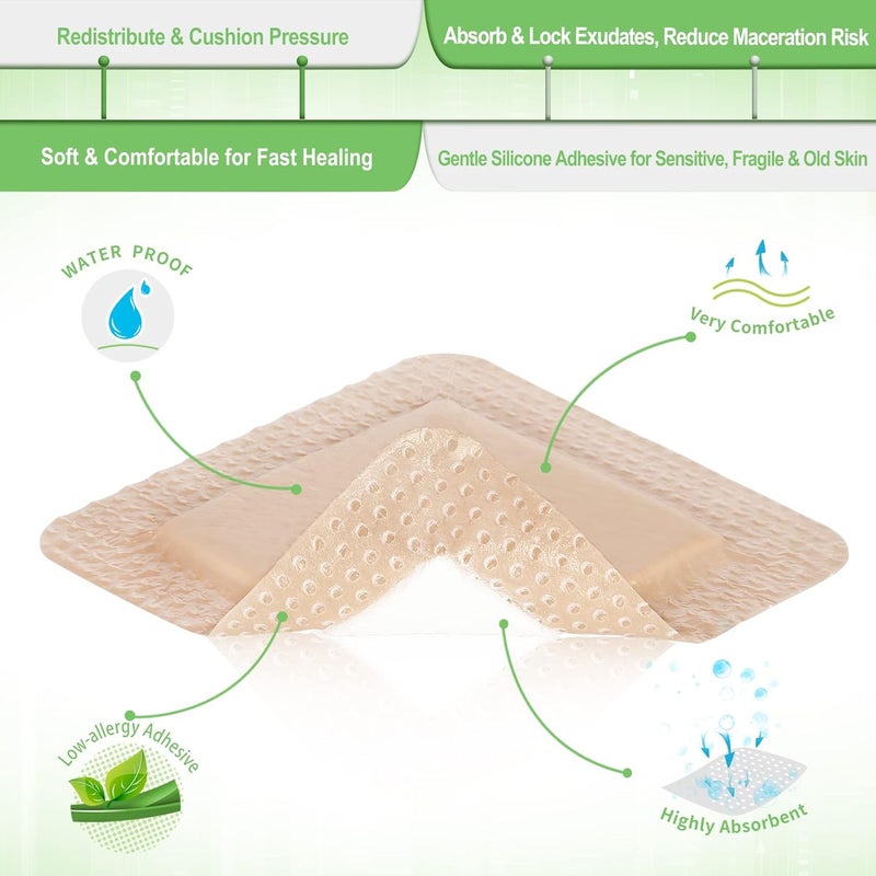 NeuHeils Silicone Adhesive Foam Dressing with Gentle Border 3x3 for Bed Sore 10 Packs High Absorbency Waterproof Silicone Wound Bandage for Foot Diabetic Ulcer - Image 5