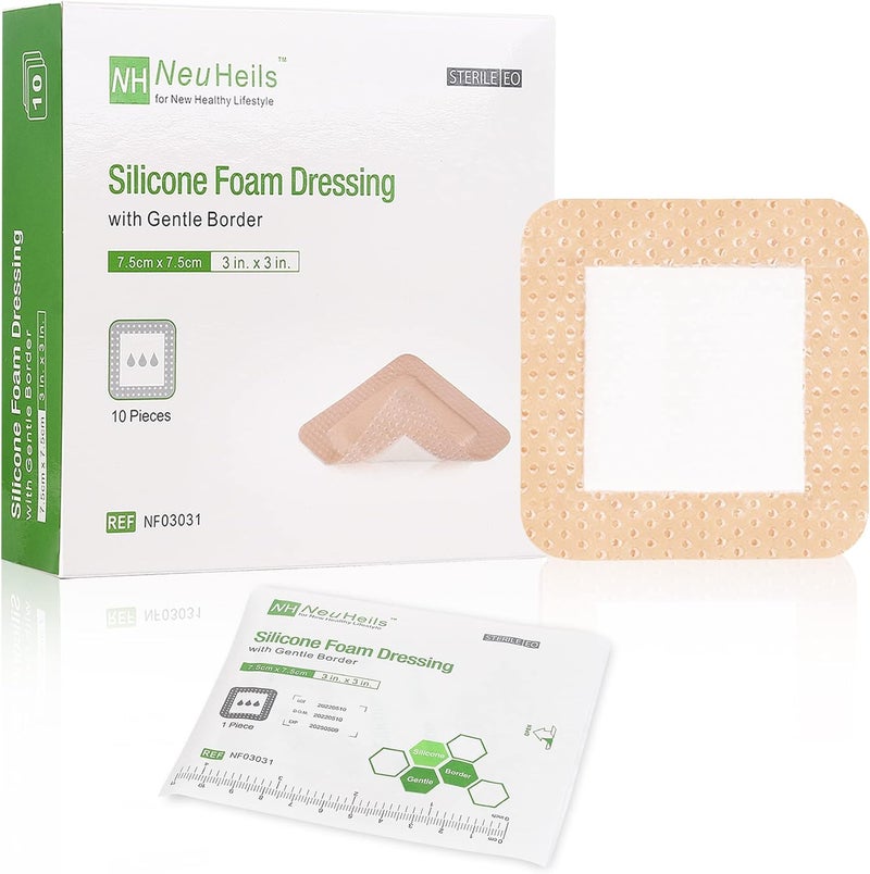 NeuHeils Silicone Adhesive Foam Dressing with Gentle Border 3x3 for Bed Sore 10 Packs High Absorbency Waterproof Silicone Wound Bandage for Foot Diabetic Ulcer - Image 1