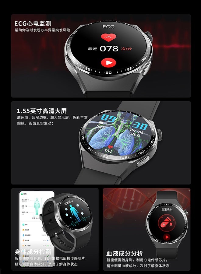 F800 Upgraded Medical Smart Watch: ECG + Glucose/Uric Acid/Lipids Monitor | Body Fat/Muscle/Water Analysis | 1.55" Arabic Display | Blood Oxygen | 150+ Sports Modes | Free Leather Strap (Black/Brown)  - Image 3