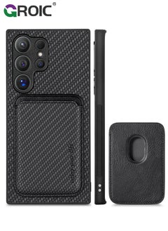 GROIC Black Sumsung Galaxy S24 Ultra Wallet Flip Cover Credit Card Holder Slots Kickstand Shockproof Protection Premium Carbon Fiber Texture Silicone Phone Case Slim Case for Sumsung Galaxy S24 Ultra  - Image 1
