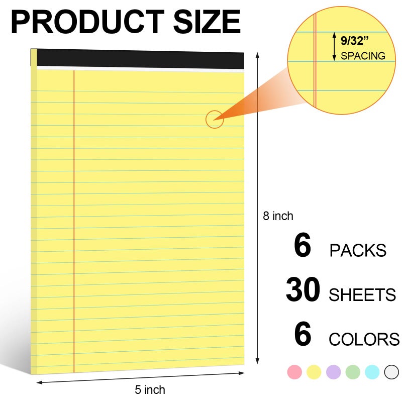 Utron 6 PCS Small Legal Pads 5x8 Colorful, Narrow Ruled Small Note Pads 5x8, Micro Perforated Writing Pad, College Ruled Legal Notepads 5x8 for Study, Office, To-Do Lists(30 Sheets/Small Notepad) - Image 2