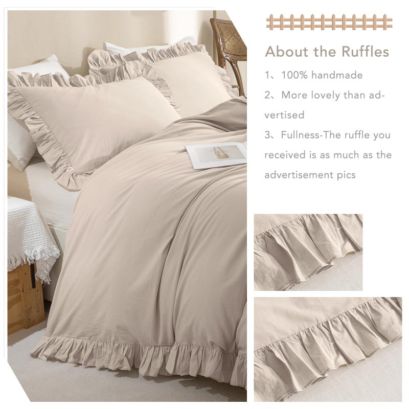 QSH Beige Khaki Ruffle Duvet Cover Queen Size Washed Cotton,3Pcs Linen Feel Farmhouse Shabby Vintage Boho Chic Ruffled Bedding Set French Country Rustic Comforter Cover Aesthetic Soft Quilt Cover Set - Image 5