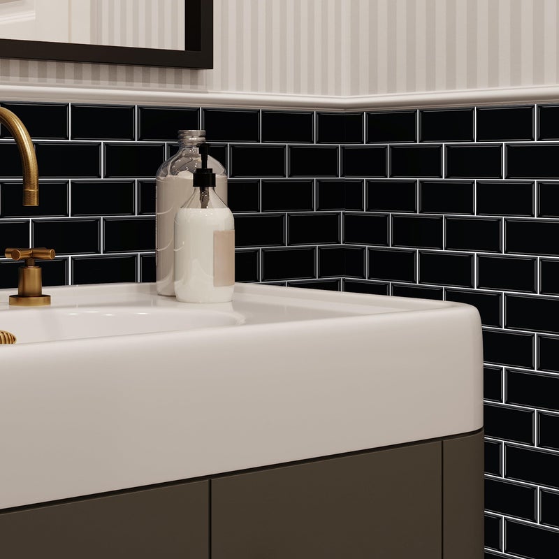 WALPLUS 20 Sheets Peel and Stick Kitchen Backsplash Tile Stickers Self Adhesive Stick on Subway Tile 12"" x 6"" Bathroom Splashback Water Heat Resistant 3D Wall Tiles Black Metro Subway Glossy - Image 5